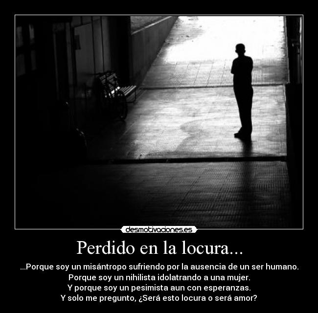 Perdido en la locura... - ...Porque soy un misántropo sufriendo por la ausencia de un ser humano.
Porque soy un nihilista idolatrando a una mujer.
Y porque soy un pesimista aun con esperanzas.
Y solo me pregunto, ¿Será esto locura o será amor?