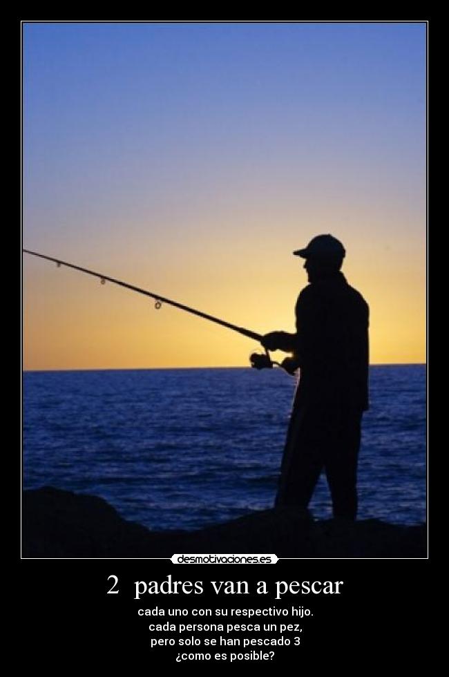 2 padres van a pescar - cada uno con su respectivo hijo.
cada persona pesca un pez,
pero solo se han pescado 3
¿como es posible?