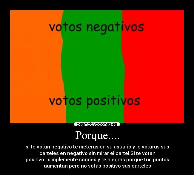 Porque.... - si te votan negativo te meteras en su usuario y le votaras sus
carteles en negativo sin mirar el cartel.Si te votan
positivo...simplemente sonries y te alegras porque tus puntos
aumentan pero no votas positivo sus carteles