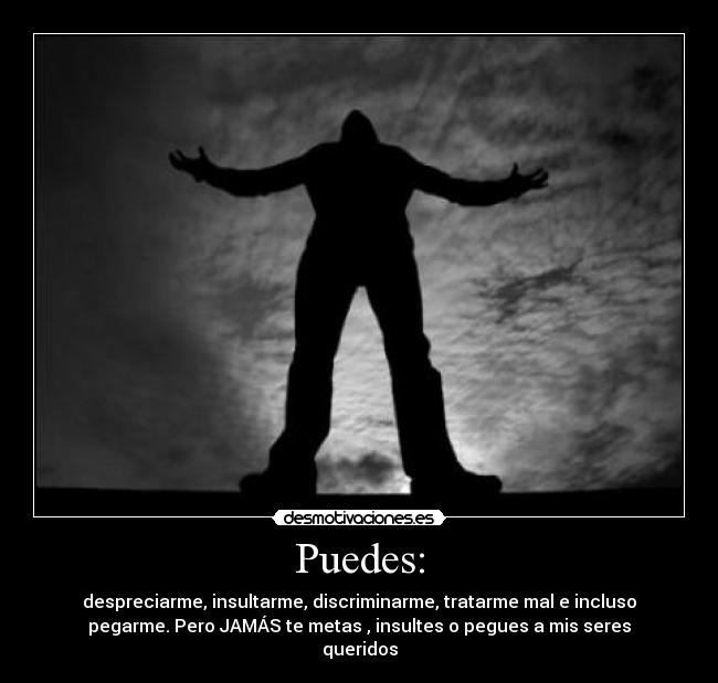 Puedes: - despreciarme, insultarme, discriminarme, tratarme mal e incluso
pegarme. Pero JAMÁS te metas , insultes o pegues a mis seres
queridos