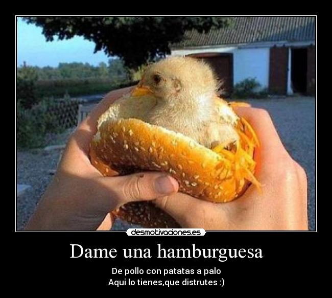 Dame una hamburguesa - De pollo con patatas a palo
Aqui lo tienes,que distrutes :)