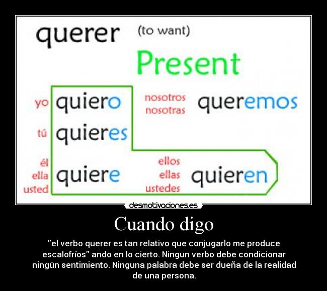 Cuando digo - el verbo querer es tan relativo que conjugarlo me produce
escalofríos ando en lo cierto. Ningun verbo debe condicionar
ningún sentimiento. Ninguna palabra debe ser dueña de la realidad
de una persona.