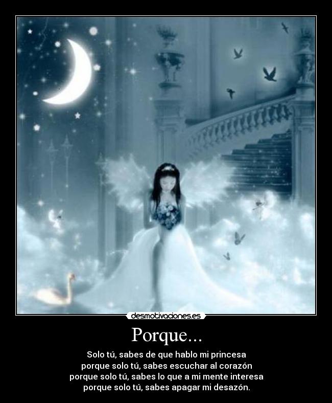 Porque... - Solo tú, sabes de que hablo mi princesa
porque solo tú, sabes escuchar al corazón
porque solo tú, sabes lo que a mi mente interesa
porque solo tú, sabes apagar mi desazón.