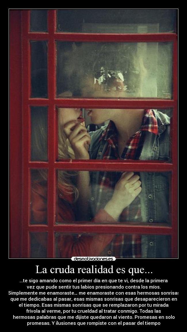 La cruda realidad es que... - ...te sigo amando como el primer día en que te vi, desde la primera
vez que pude sentir tus labios presionando contra los míos.
Simplemente me enamoraste… me enamoraste con esas hermosas sonrisas
que me dedicabas al pasar, esas mismas sonrisas que desaparecieron en
el tiempo. Esas mismas sonrisas que se remplazaron por tu mirada
frívola al verme, por tu crueldad al tratar conmigo. Todas las
hermosas palabras que me dijiste quedaron al viento. Promesas en solo
promesas. Y ilusiones que rompiste con el pasar del tiempo