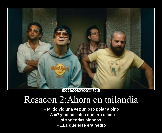 Resacon 2:Ahora en tailandia - + Mi tio vio una vez un oso polar albino
- A si? y como sabia que era albino
- si son todos blancos...
+ ...Es que este era negro