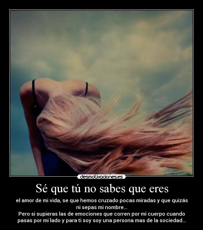 Sé que tú no sabes que eres - el amor de mi vida, se que hemos cruzado pocas miradas y que quizás
ni sepas mi nombre...
Pero si supieras las de emociones que corren por mi cuerpo cuando
pasas por mi lado y para ti soy soy una persona mas de la sociedad...