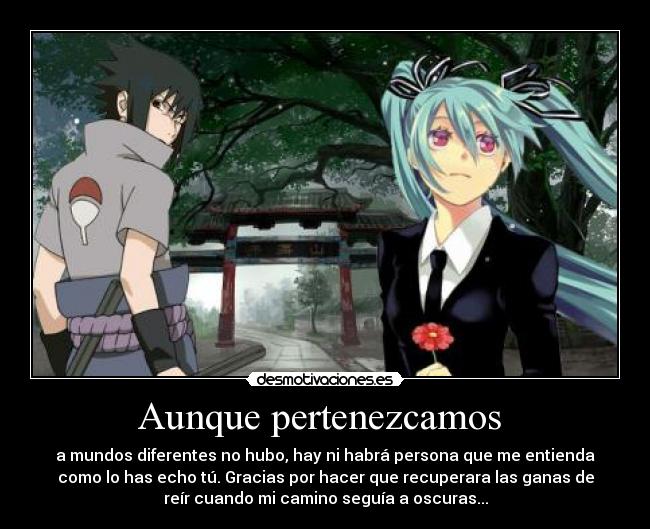 Aunque pertenezcamos  - a mundos diferentes no hubo, hay ni habrá persona que me entienda
como lo has echo tú. Gracias por hacer que recuperara las ganas de
reír cuando mi camino seguía a oscuras...