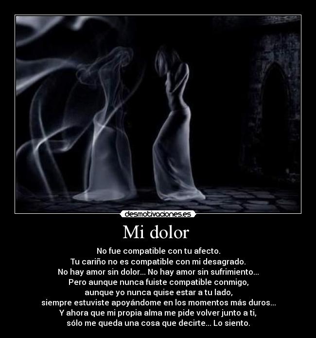 Mi dolor  - No fue compatible con tu afecto.
Tu cariño no es compatible con mi desagrado.
No hay amor sin dolor... No hay amor sin sufrimiento...
Pero aunque nunca fuiste compatible conmigo,
aunque yo nunca quise estar a tu lado,
siempre estuviste apoyándome en los momentos más duros...
Y ahora que mi propia alma me pide volver junto a ti,
sólo me queda una cosa que decirte... Lo siento.