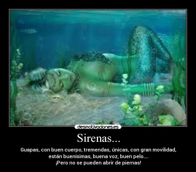 Sirenas... - Guapas, con buen cuerpo, tremendas, únicas, con gran movilidad,
están buenísimas, buena voz, buen pelo....
¡Pero no se pueden abrir de piernas!