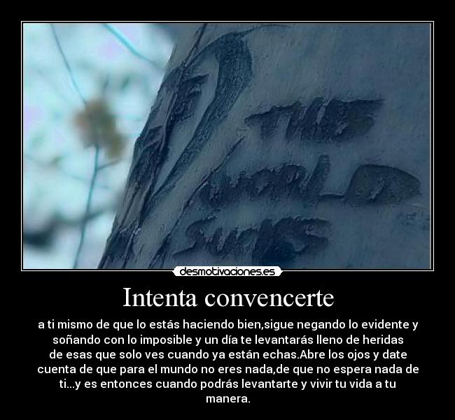 Intenta convencerte - a ti mismo de que lo estás haciendo bien,sigue negando lo evidente y
soñando con lo imposible y un día te levantarás lleno de heridas
de esas que solo ves cuando ya están echas.Abre los ojos y date
cuenta de que para el mundo no eres nada,de que no espera nada de
ti...y es entonces cuando podrás levantarte y vivir tu vida a tu
manera.