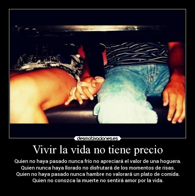 Vivir la vida no tiene precio - Quien no haya pasado nunca frío no apreciará el valor de una hoguera.
Quien nunca haya llorado no disfrutará de los momentos de risas.
Quien no haya pasado nunca hambre no valorará un plato de comida.
Quien no conozca la muerte no sentirá amor por la vida.
