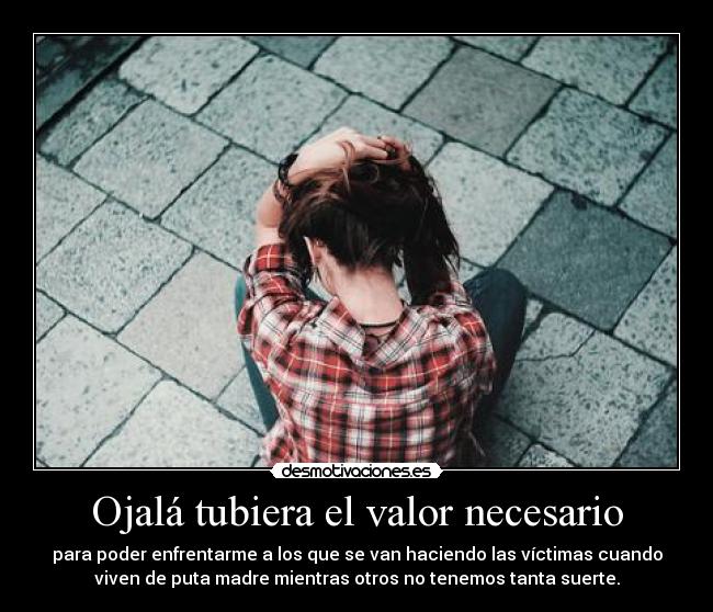 Ojalá tubiera el valor necesario - para poder enfrentarme a los que se van haciendo las víctimas cuando
viven de puta madre mientras otros no tenemos tanta suerte.