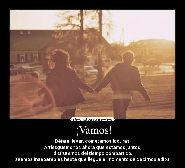 ¡Vamos! - Déjate llevar, cometamos locuras.
Arriesguémonos ahora que estamos juntos,
disfrutemos del tiempo compartido,
seamos inseparables hasta que llegue el momento de decirnos adiós.