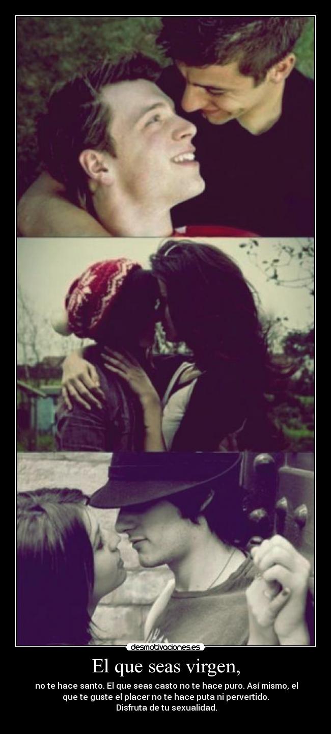 El que seas virgen, - no te hace santo. El que seas casto no te hace puro. Así mismo, el
que te guste el placer no te hace puta ni pervertido.
Disfruta de tu sexualidad.