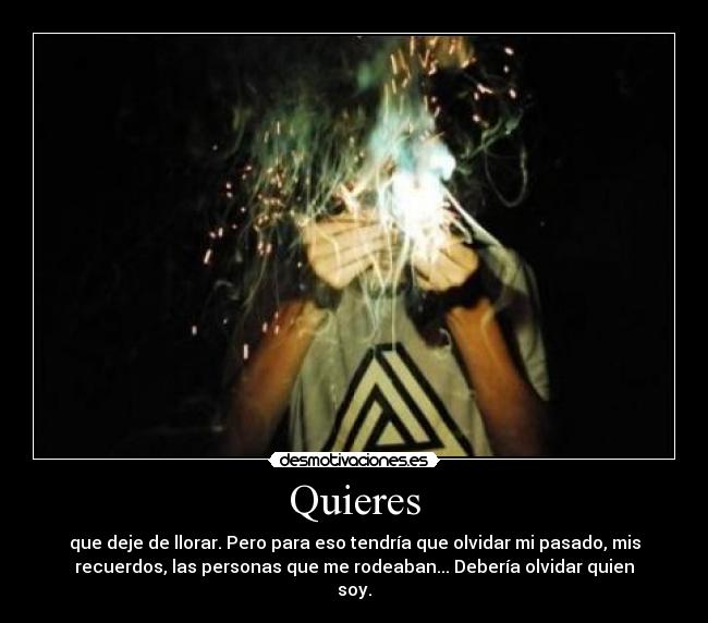 Quieres - que deje de llorar. Pero para eso tendría que olvidar mi pasado, mis
recuerdos, las personas que me rodeaban... Debería olvidar quien
soy.