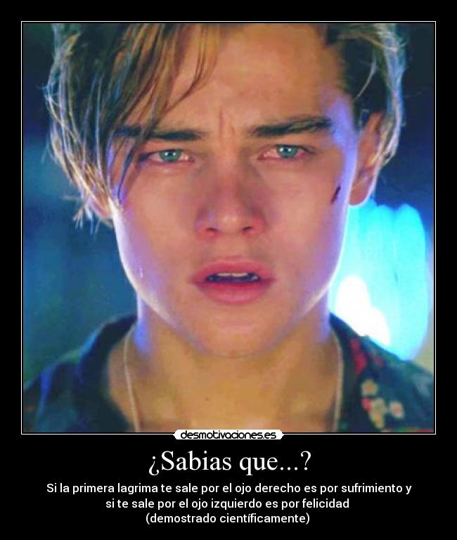 ¿Sabias que...? - Si la primera lagrima te sale por el ojo derecho es por sufrimiento y
si te sale por el ojo izquierdo es por felicidad
(demostrado científicamente)