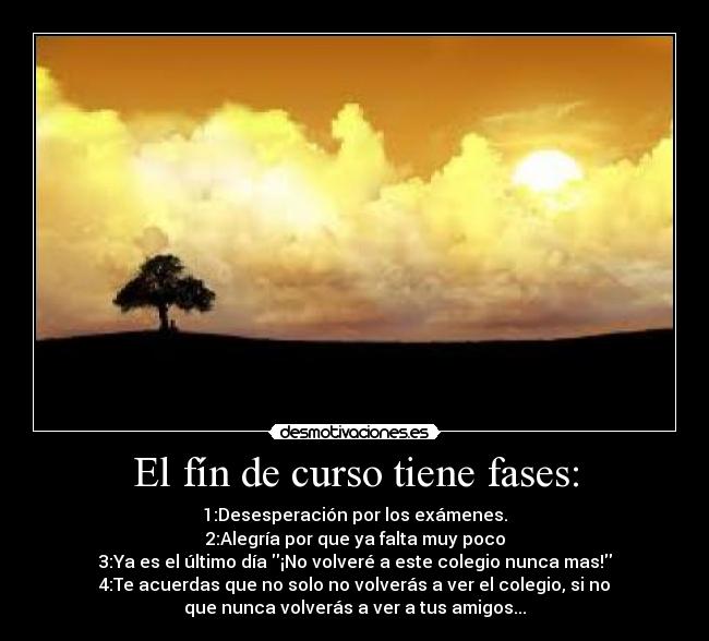 El fín de curso tiene fases: - 1:Desesperación por los exámenes.
2:Alegría por que ya falta muy poco
3:Ya es el último día ¡No volveré a este colegio nunca mas!
4:Te acuerdas que no solo no volverás a ver el colegio, si no
que nunca volverás a ver a tus amigos...