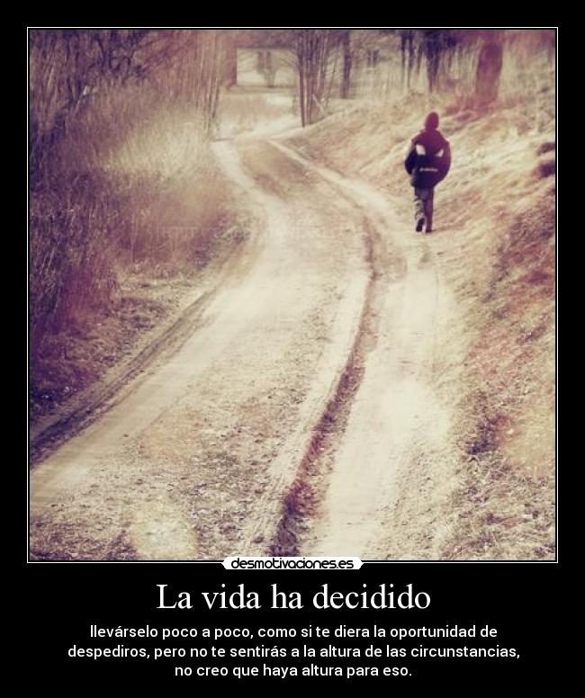 La vida ha decidido - llevárselo poco a poco, como si te diera la oportunidad de
despediros, pero no te sentirás a la altura de las circunstancias,
no creo que haya altura para eso.