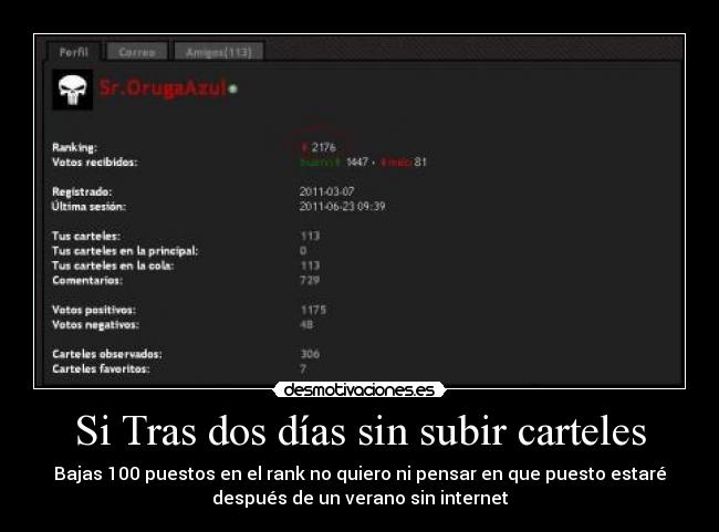 Si Tras dos días sin subir carteles - Bajas 100 puestos en el rank no quiero ni pensar en que puesto estaré
después de un verano sin internet