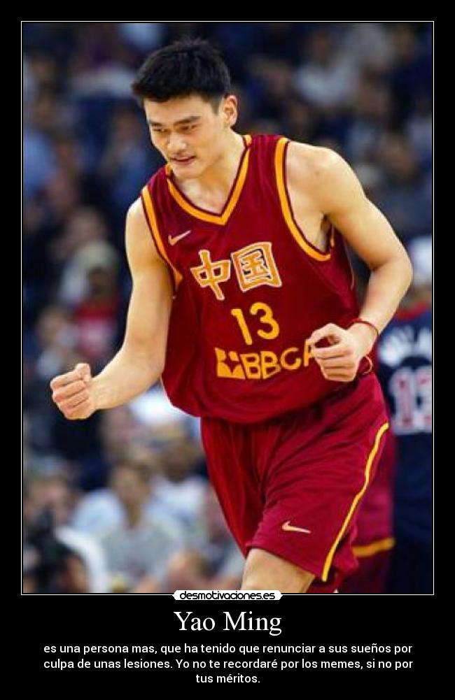 Yao Ming - es una persona mas, que ha tenido que renunciar a sus sueños por
culpa de unas lesiones. Yo no te recordaré por los memes, si no por
tus méritos.