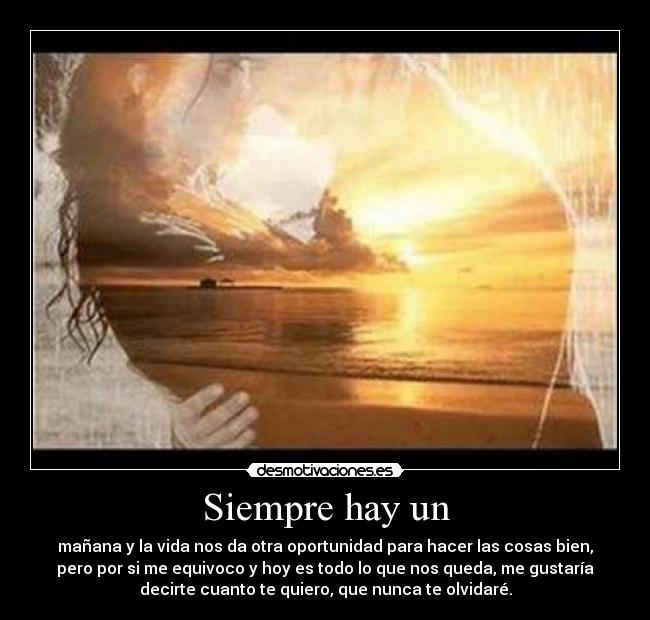 Siempre hay un - mañana y la vida nos da otra oportunidad para hacer las cosas bien,
pero por si me equivoco y hoy es todo lo que nos queda, me gustaría
decirte cuanto te quiero, que nunca te olvidaré.