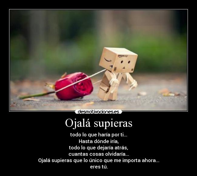 Ojalá supieras - todo lo que haría por ti...
Hasta dónde iría,
todo lo que dejaría atrás,
cuantas cosas olvidaría...
Ojalá supieras que lo único que me importa ahora...
eres tú.