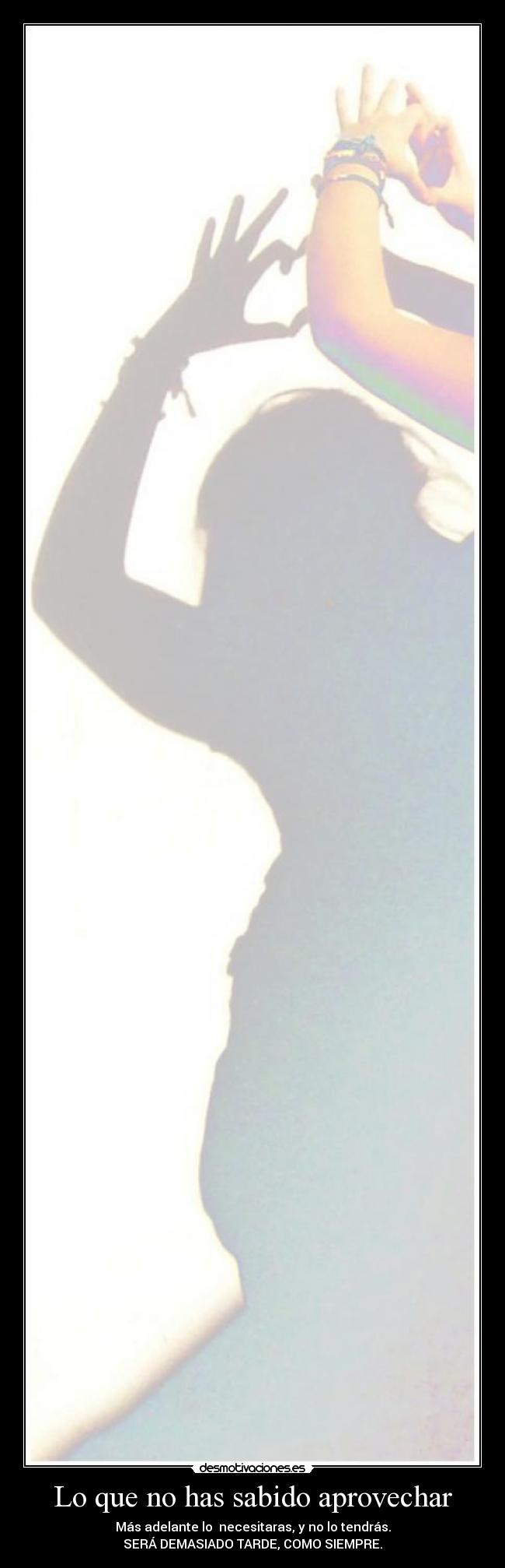 Lo que no has sabido aprovechar - Más adelante lo necesitaras, y no lo tendrás.
SERÁ DEMASIADO TARDE, COMO SIEMPRE.