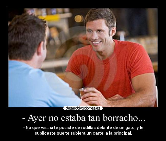 - Ayer no estaba tan borracho... - - No que va... si te pusiste de rodillas delante de un gato, y le
suplicaste que te subiera un cartel a la principal.