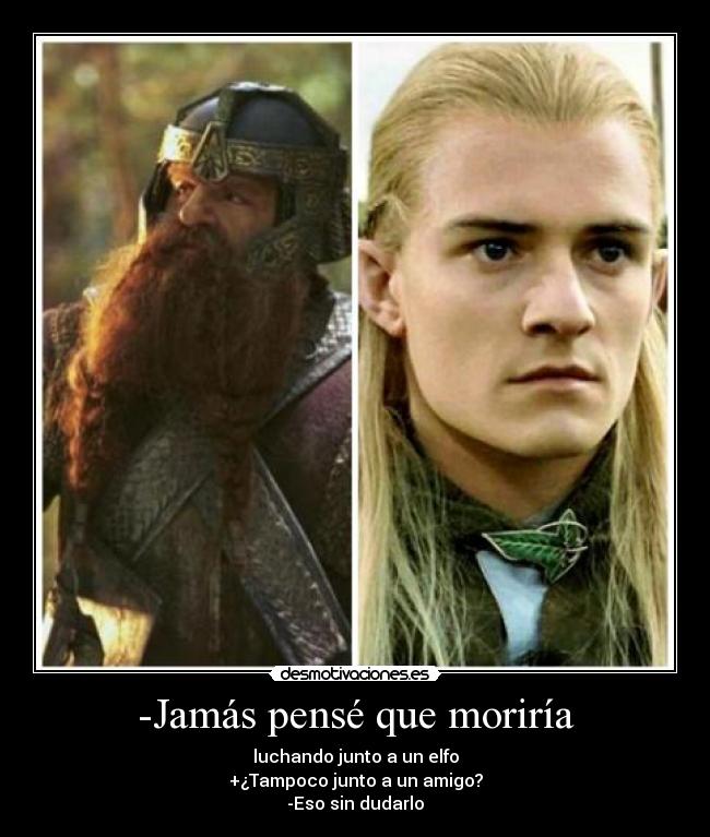 -Jamás pensé que moriría - luchando junto a un elfo
+¿Tampoco junto a un amigo?
-Eso sin dudarlo