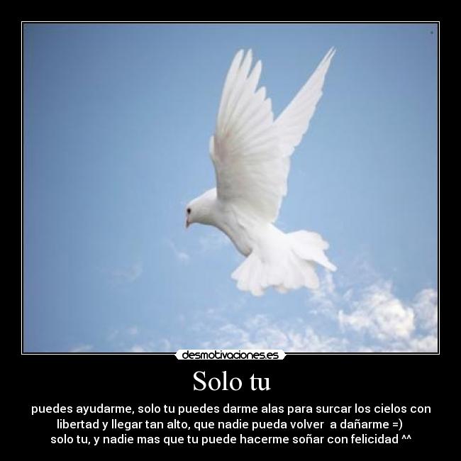 Solo tu - puedes ayudarme, solo tu puedes darme alas para surcar los cielos con
libertad y llegar tan alto, que nadie pueda volver  a dañarme =) 
solo tu, y nadie mas que tu puede hacerme soñar con felicidad ^^