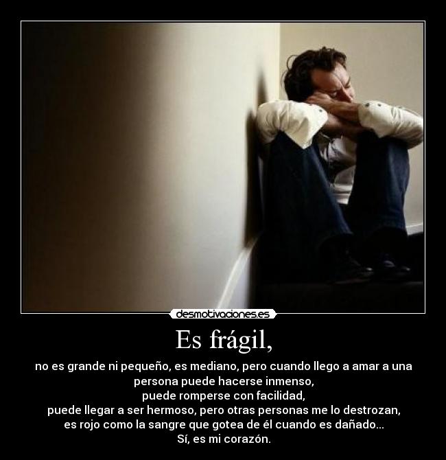 Es frágil, - no es grande ni pequeño, es mediano, pero cuando llego a amar a una
persona puede hacerse inmenso,
puede romperse con facilidad,
puede llegar a ser hermoso, pero otras personas me lo destrozan,
es rojo como la sangre que gotea de él cuando es dañado...
Sí, es mi corazón.