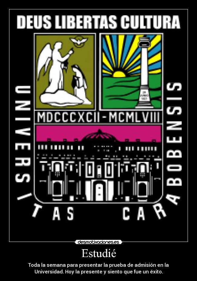 Estudié - Toda la semana para presentar la prueba de admisión en la
Universidad. Hoy la presente y siento que fue un éxito.