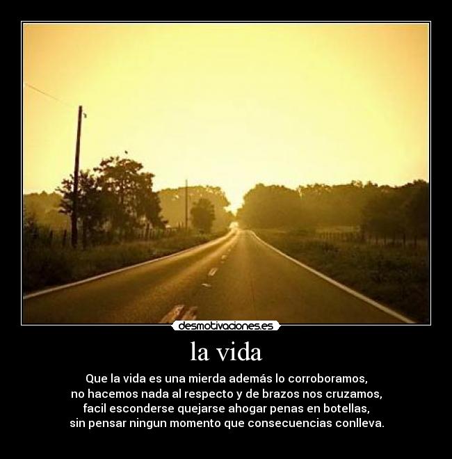 la vida - Que la vida es una mierda además lo corroboramos,
no hacemos nada al respecto y de brazos nos cruzamos,
facil esconderse quejarse ahogar penas en botellas,
sin pensar ningun momento que consecuencias conlleva.