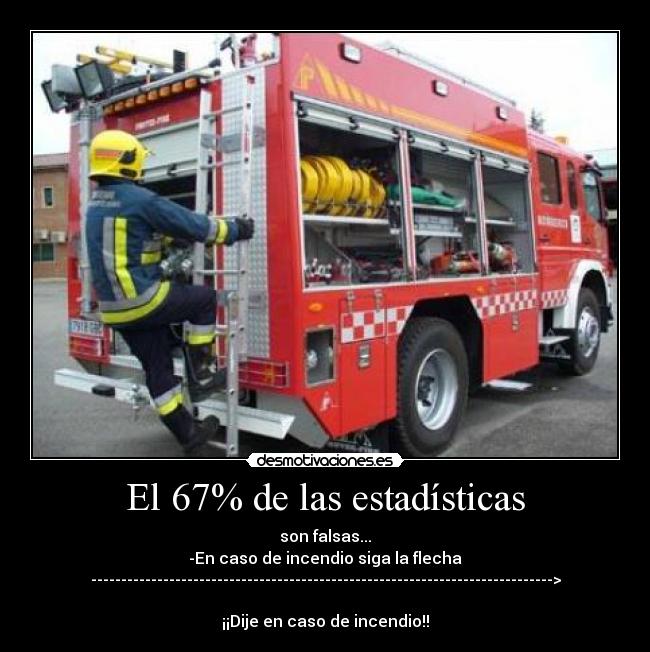 El 67% de las estadísticas - son falsas...
-En caso de incendio siga la flecha ----------------------------------------------------------------------------->
¡¡Dije en caso de incendio!!