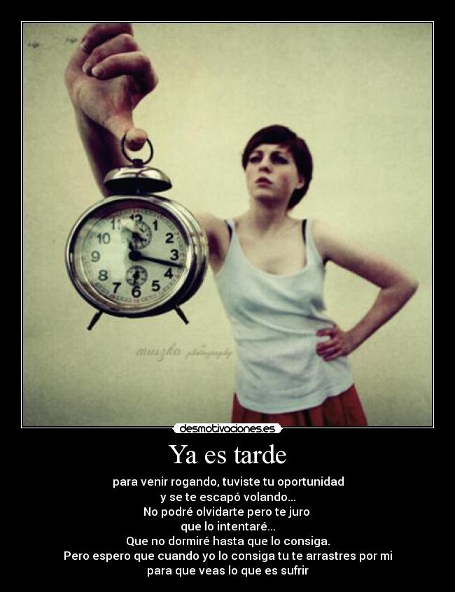 Ya es tarde - para venir rogando, tuviste tu oportunidad
y se te escapó volando...
No podré olvidarte pero te juro 
que lo intentaré...
Que no dormiré hasta que lo consiga.
Pero espero que cuando yo lo consiga tu te arrastres por mi
para que veas lo que es sufrir