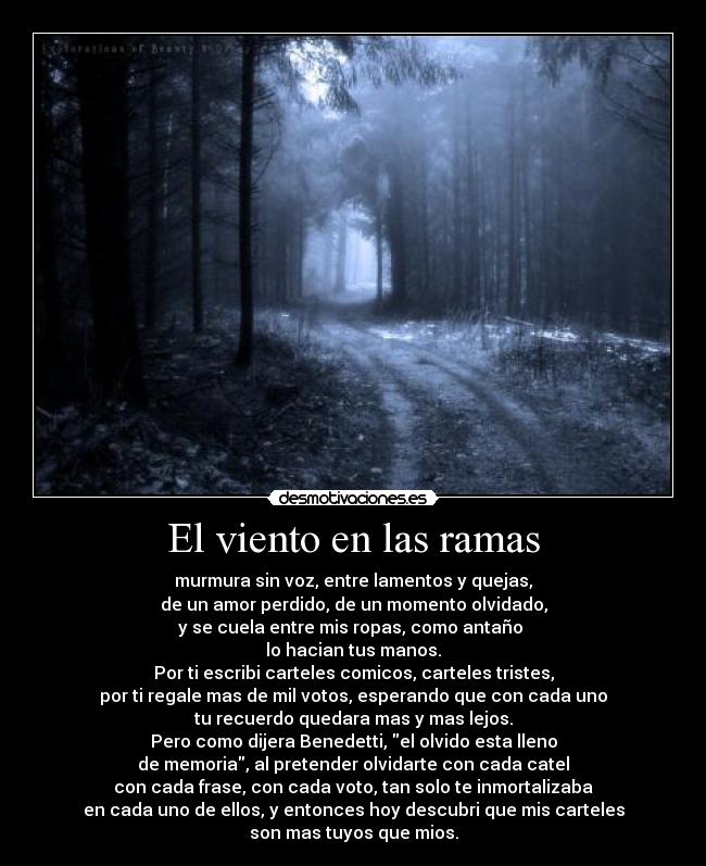 El viento en las ramas - murmura sin voz, entre lamentos y quejas,
de un amor perdido, de un momento olvidado,
y se cuela entre mis ropas, como antaño
lo hacian tus manos.
Por ti escribi carteles comicos, carteles tristes,
por ti regale mas de mil votos, esperando que con cada uno
tu recuerdo quedara mas y mas lejos.
Pero como dijera Benedetti, el olvido esta lleno
de memoria, al pretender olvidarte con cada catel
con cada frase, con cada voto, tan solo te inmortalizaba
en cada uno de ellos, y entonces hoy descubri que mis carteles
son mas tuyos que mios.