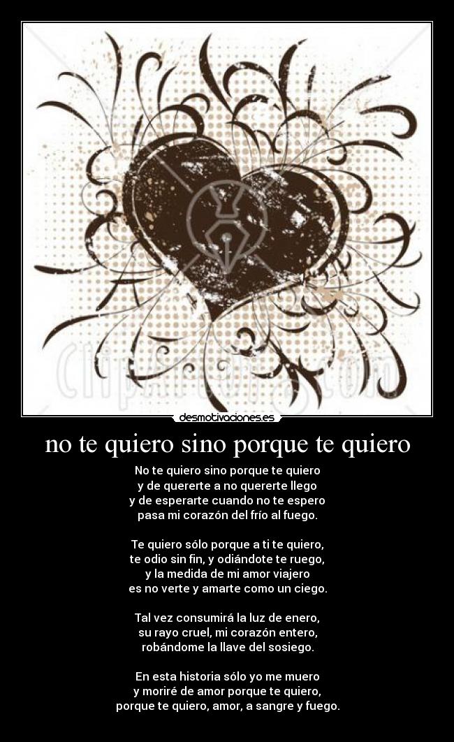 no te quiero sino porque te quiero - No te quiero sino porque te quiero
y de quererte a no quererte llego
y de esperarte cuando no te espero
pasa mi corazón del frío al fuego.

Te quiero sólo porque a ti te quiero,
te odio sin fin, y odiándote te ruego,
y la medida de mi amor viajero
es no verte y amarte como un ciego.

Tal vez consumirá la luz de enero,
su rayo cruel, mi corazón entero,
robándome la llave del sosiego.

En esta historia sólo yo me muero
y moriré de amor porque te quiero,
porque te quiero, amor, a sangre y fuego.
