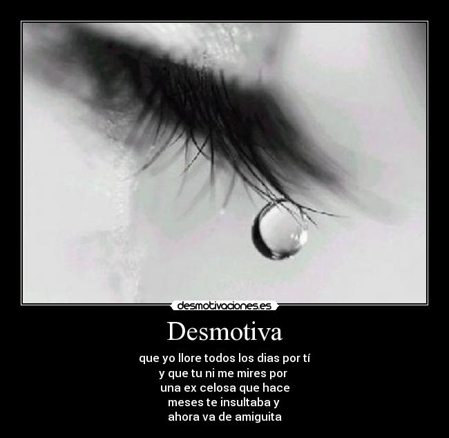 Desmotiva - que yo llore todos los dias por tí
y que tu ni me mires por 
una ex celosa que hace
meses te insultaba y 
ahora va de amiguita