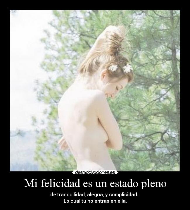 Mi felicidad es un estado pleno - de tranquilidad, alegría, y complicidad...
Lo cual tu no entras en ella.