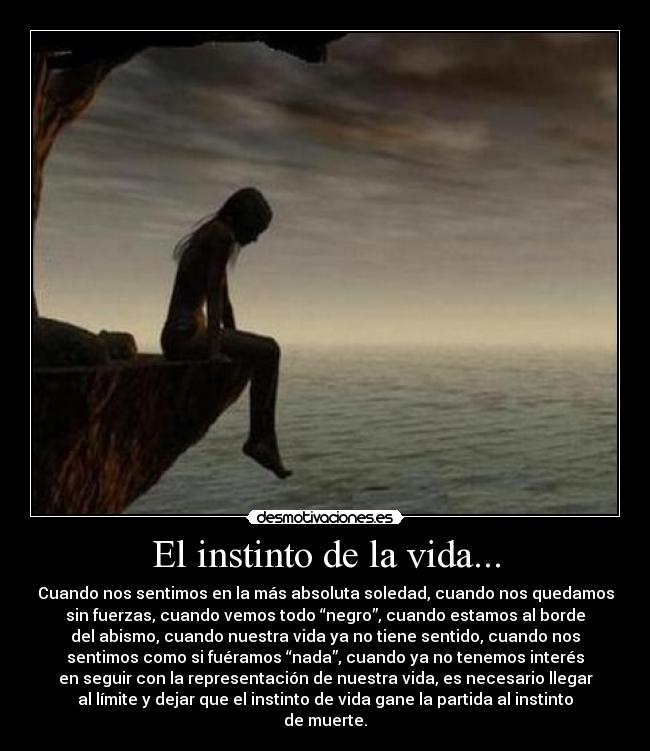 El instinto de la vida... - Cuando nos sentimos en la más absoluta soledad, cuando nos quedamos
sin fuerzas, cuando vemos todo “negro”, cuando estamos al borde
del abismo, cuando nuestra vida ya no tiene sentido, cuando nos
sentimos como si fuéramos “nada”, cuando ya no tenemos interés
en seguir con la representación de nuestra vida, es necesario llegar
al límite y dejar que el instinto de vida gane la partida al instinto
de muerte.