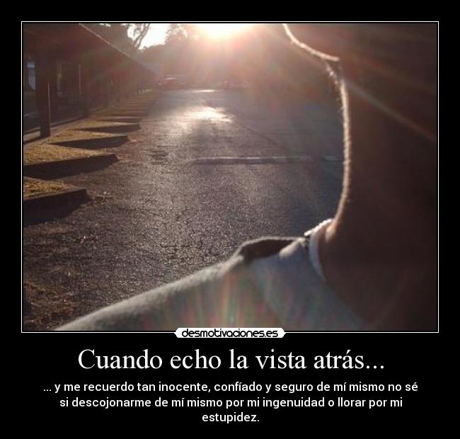 Cuando echo la vista atrás... - ... y me recuerdo tan inocente, confíado y seguro de mí mismo no sé
si descojonarme de mí mismo por mi ingenuidad o llorar por mi
estupidez.