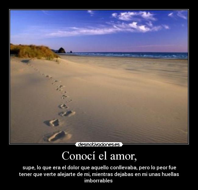 Conocí el amor, - supe, lo que era el dolor que aquello conllevaba, pero lo peor fue
tener que verte alejarte de mi, mientras dejabas en mi unas huellas
imborrables 