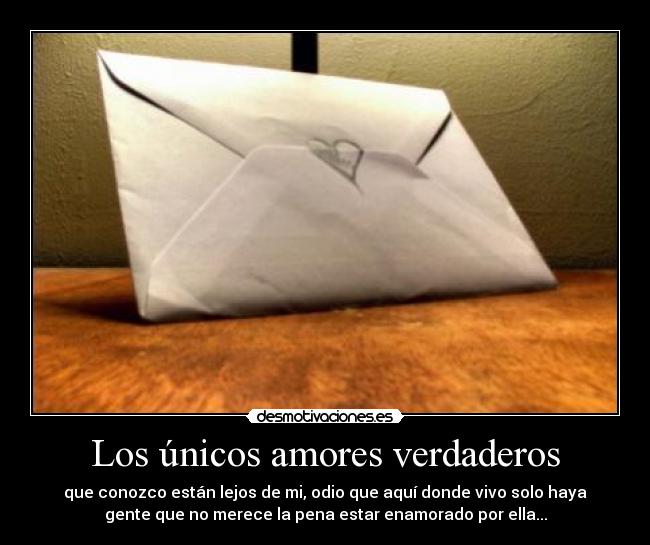 Los únicos amores verdaderos - que conozco están lejos de mi, odio que aquí donde vivo solo haya
gente que no merece la pena estar enamorado por ella...