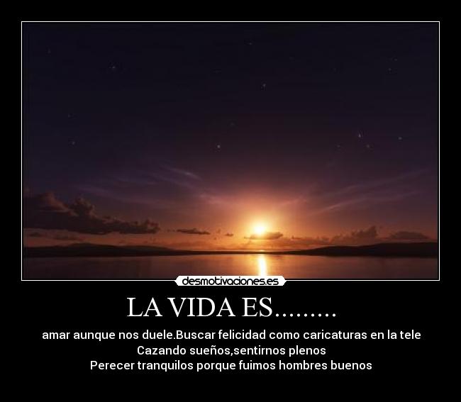 LA VIDA ES......... - amar aunque nos duele.Buscar felicidad como caricaturas en la tele
Cazando sueños,sentirnos plenos
Perecer tranquilos porque fuimos hombres buenos