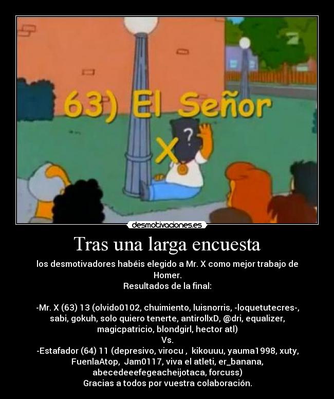 Tras una larga encuesta - los desmotivadores habéis elegido a Mr. X como mejor trabajo de
Homer.
Resultados de la final:

-Mr. X (63) 13 (olvido0102, chuimiento, luisnorris, -loquetutecres-,
sabi, gokuh, solo quiero tenerte, antirollxD, @dri, equalizer,
magicpatricio, blondgirl, hector atl)
Vs.
-Estafador (64) 11 (depresivo, virocu ,  kikouuu, yauma1998, xuty,
FuenlaAtop,  Jam0117, viva el atleti, er_banana,
abecedeeefegeacheijotaca, forcuss)
Gracias a todos por vuestra colaboración.