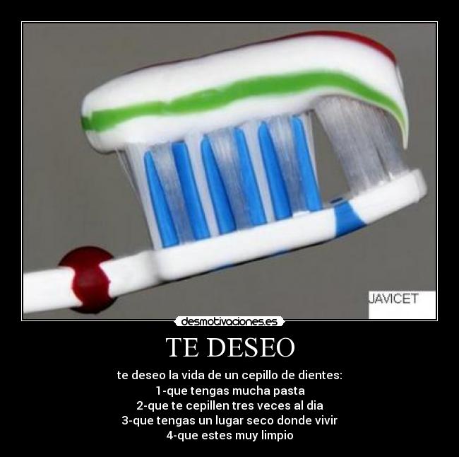 TE DESEO - te deseo la vida de un cepillo de dientes:
1-que tengas mucha pasta
2-que te cepillen tres veces al dia
3-que tengas un lugar seco donde vivir
4-que estes muy limpio