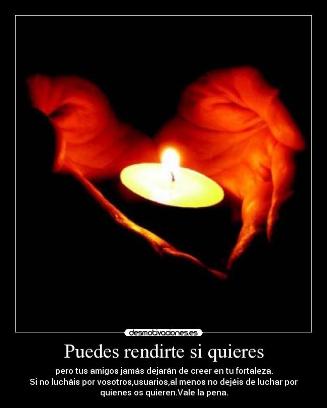 Puedes rendirte si quieres - pero tus amigos jamás dejarán de creer en tu fortaleza.
Si no lucháis por vosotros,usuarios,al menos no dejéis de luchar por
quienes os quieren.Vale la pena.