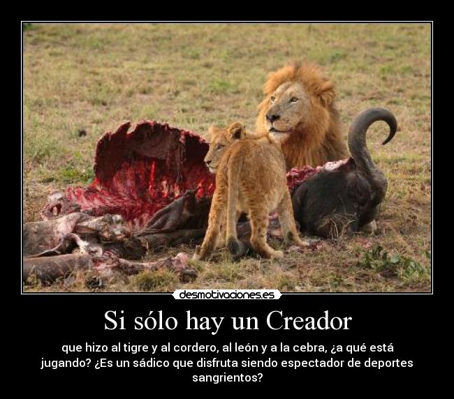 Si sólo hay un Creador - que hizo al tigre y al cordero, al león y a la cebra, ¿a qué está
jugando? ¿Es un sádico que disfruta siendo espectador de deportes
sangrientos?