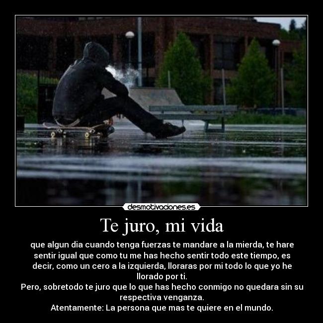 Te juro, mi vida - que algun dia cuando tenga fuerzas te mandare a la mierda, te hare
sentir igual que como tu me has hecho sentir todo este tiempo, es
decir, como un cero a la izquierda, lloraras por mi todo lo que yo he
llorado por ti.
Pero, sobretodo te juro que lo que has hecho conmigo no quedara sin su
respectiva venganza.
Atentamente: La persona que mas te quiere en el mundo.