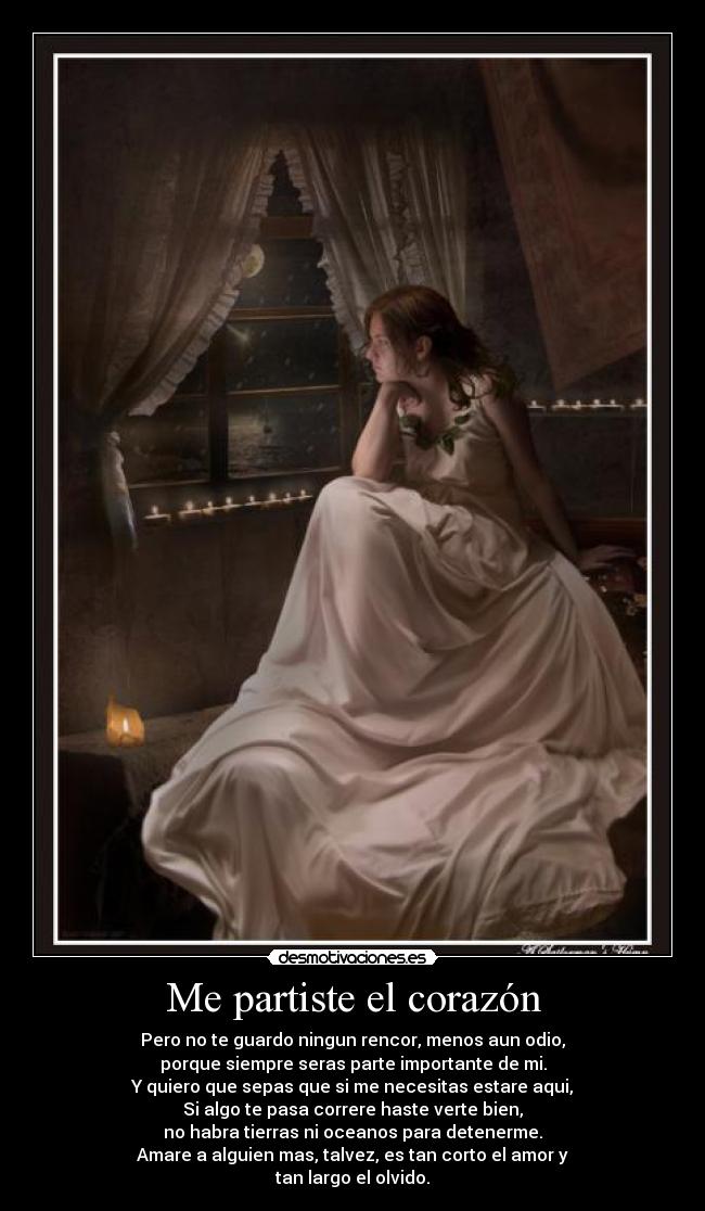 Me partiste el corazón - Pero no te guardo ningun rencor, menos aun odio,
porque siempre seras parte importante de mi.
Y quiero que sepas que si me necesitas estare aqui,
Si algo te pasa correre haste verte bien,
no habra tierras ni oceanos para detenerme.
Amare a alguien mas, talvez, es tan corto el amor y
tan largo el olvido.
